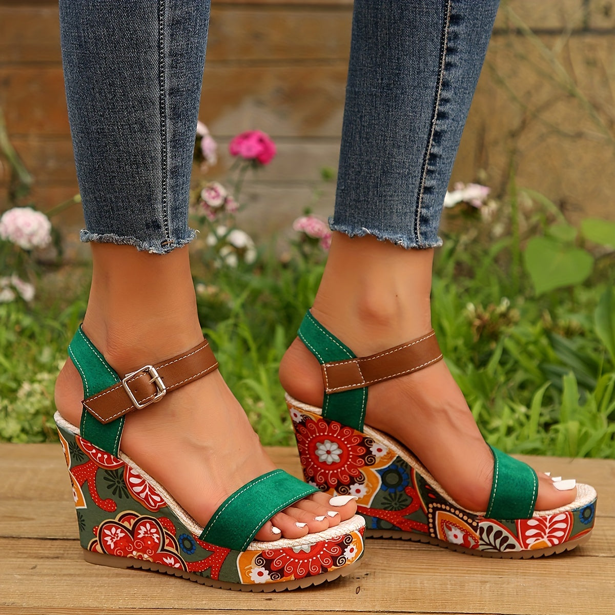 Women's Floral Print Wedge Sandals Colorful Open Toe Buckle Strap Heels