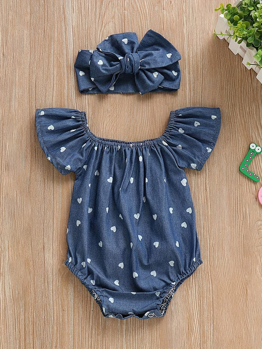 Girls Heart Print Romper & Bow Headband Set