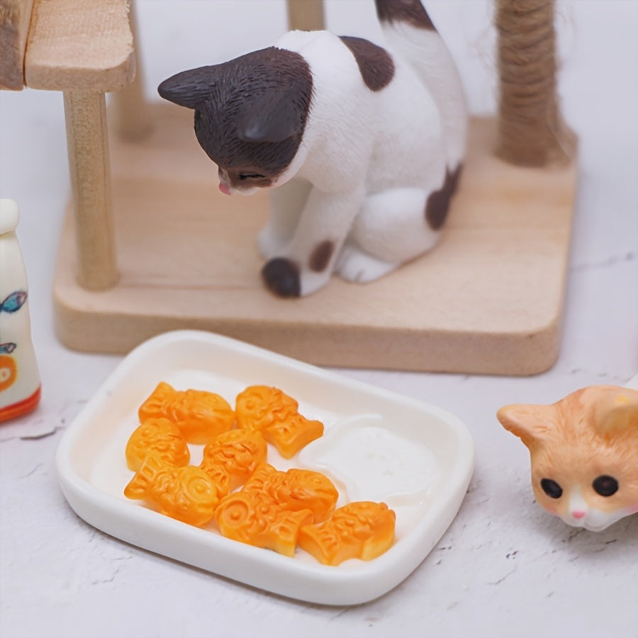 Wooden Cat Tree Dollhouse Accessory Set with Feeding Station & Decorative Items