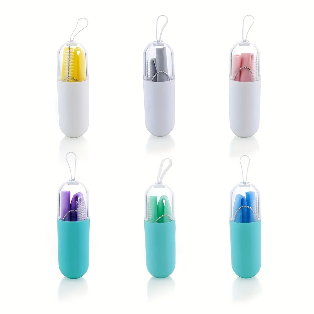 Silicone Reusable Folding Straw w/ Case & Brush Set