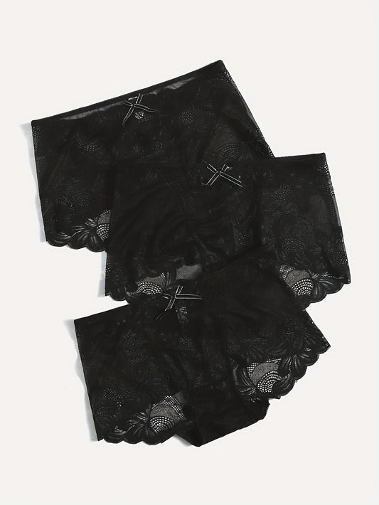 3 Pack Plus Size Panties Set Women's Plus Floral Lace Bow Detail