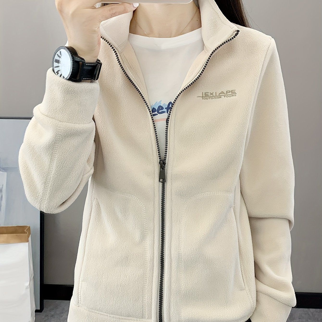 Letter Pattern Outdoor Jacket Long Sleeves Mock Neck Fleece Liner Coat