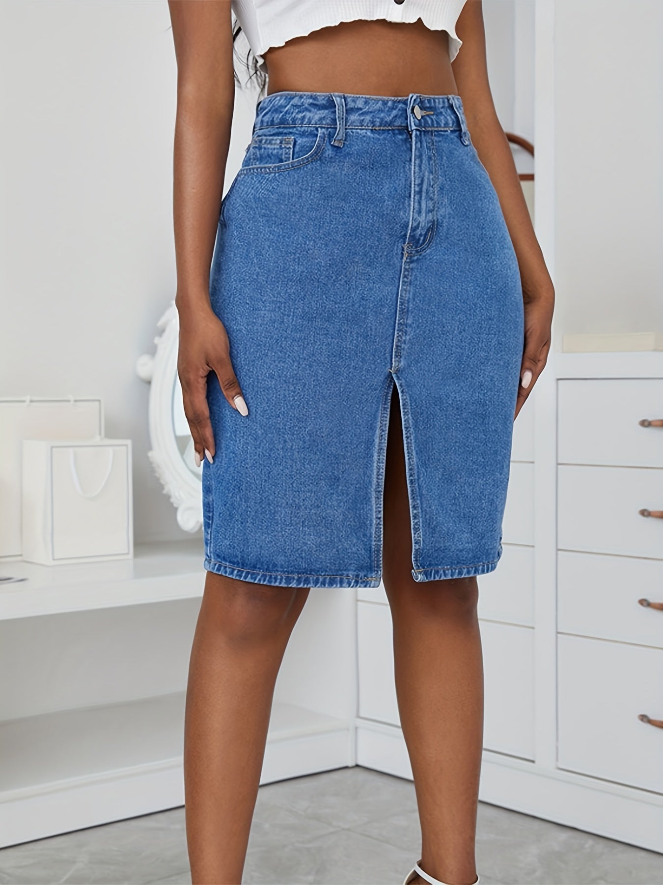 High Waist Denim Skirt Slight Stretch Split Denim Skirt