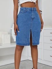 High Waist Denim Skirt Slight Stretch Split Denim Skirt