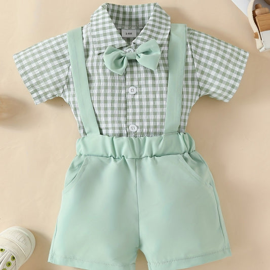 2pcs Baby Boys Plaid Bowtie Onesie & Suspender Shorts Set