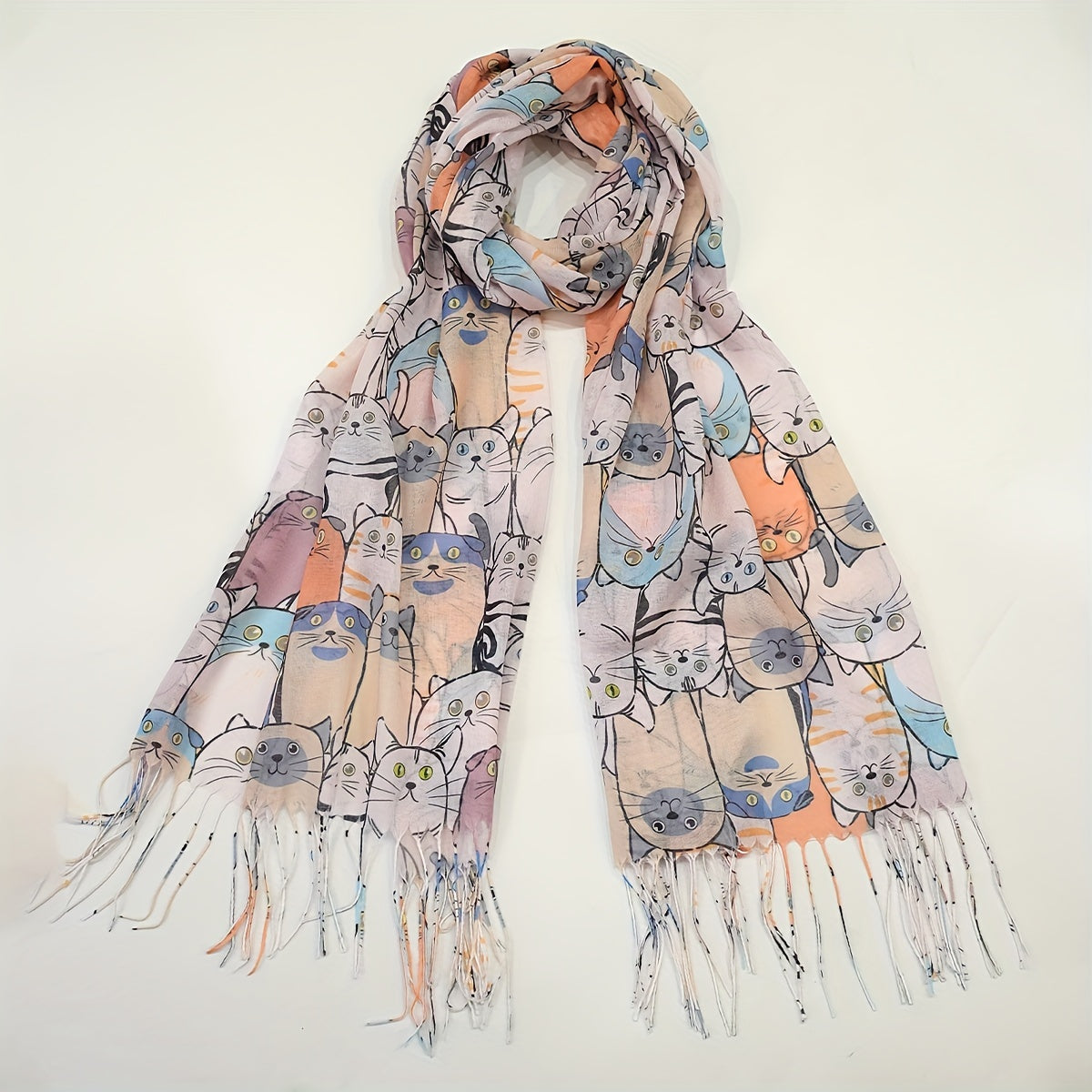 Colorful Cat Print Tassel Scarf Cartoon Shawl Casual Windproof Head Wrap