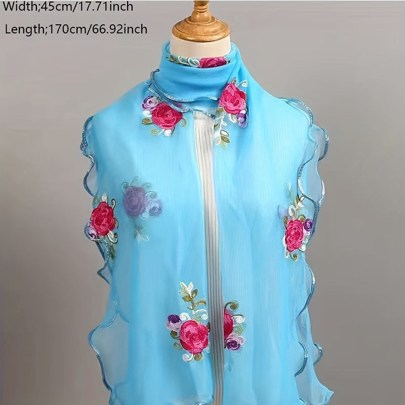 Ruffles Rose Embroidered Scarf Double Layer Gauze Head Wrap