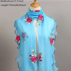 Ruffles Rose Embroidered Scarf Double Layer Gauze Head Wrap