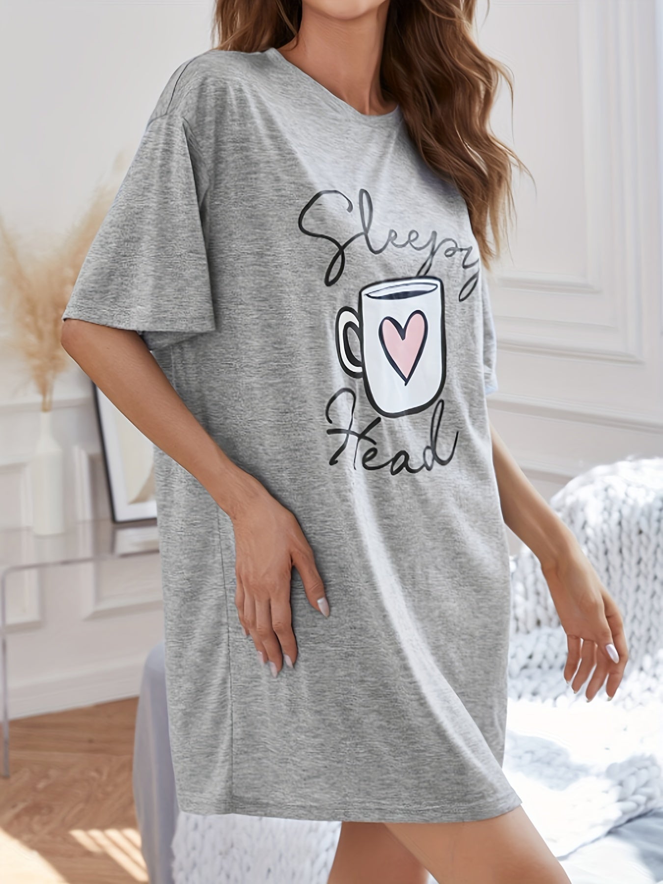 Cup & Letter Print NightDress Short Sleeve Crew Neck Pajama Dress