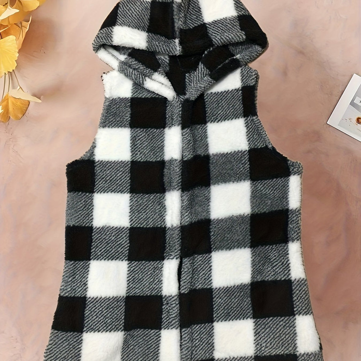 Plaid Print Hooded Vest Warm Teddy Vest
