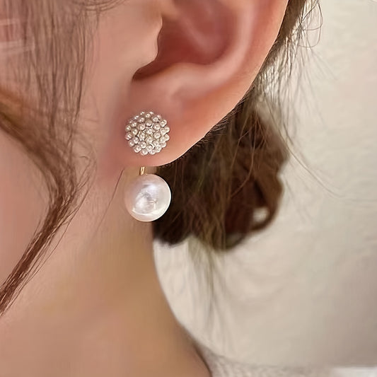 Flower Pattern Faux Pearl Dangle Earrings 14K Plated Jewelry