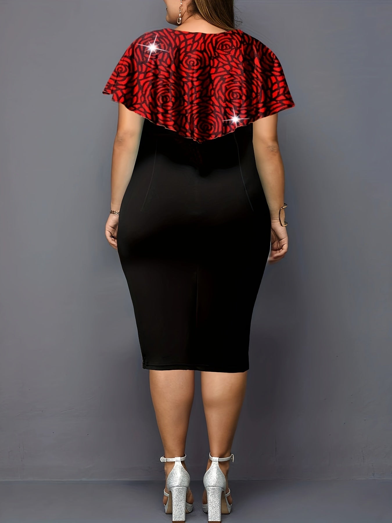  Rose Print Cape Sleeve Bodycon Pencil Dress