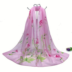 Rose Print Chiffon Scarf Thin Breathable Shawl