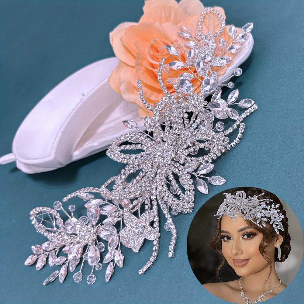Sparkling Wedding Headpiece with Beaded Floral Arch & Sheer Panel
