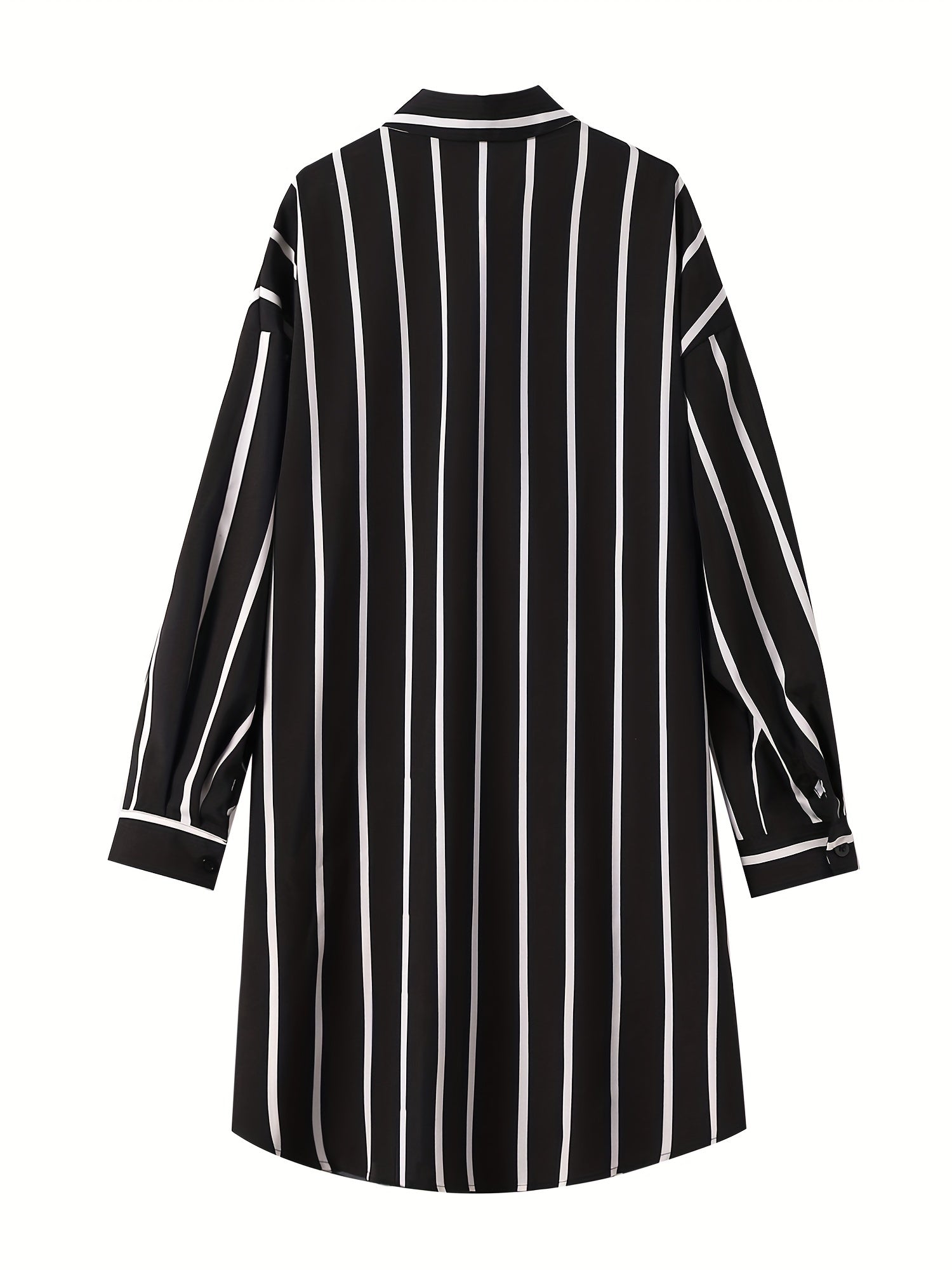 Stripe Print Button Up Long Sleeve Polo Neck Mini Shirt Dress