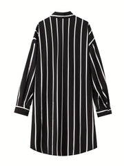  Stripe Print Button Up Long Sleeve Polo Neck Mini Shirt Dress