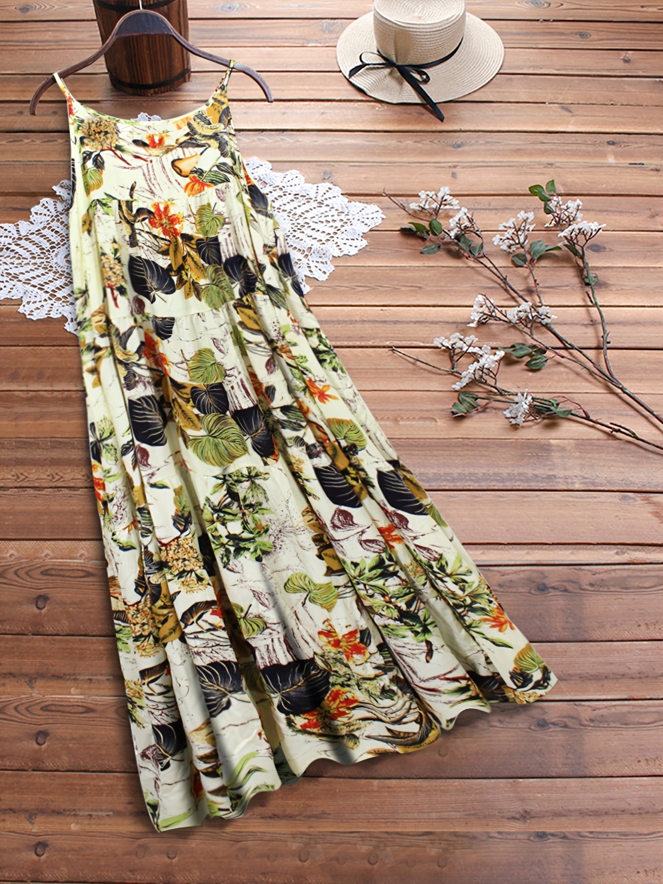  Leaf & Floral Print Maxi Cami Dress