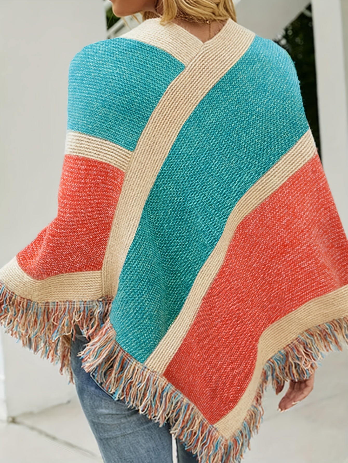  Boho Sweater Cape Sleeve Fringe Trim Shawl Jumper