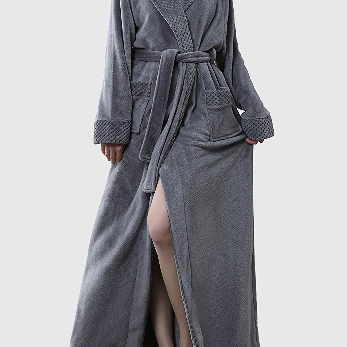 Cozy Long Sleeve Fuzzy Night Robe with Belt & Pockets