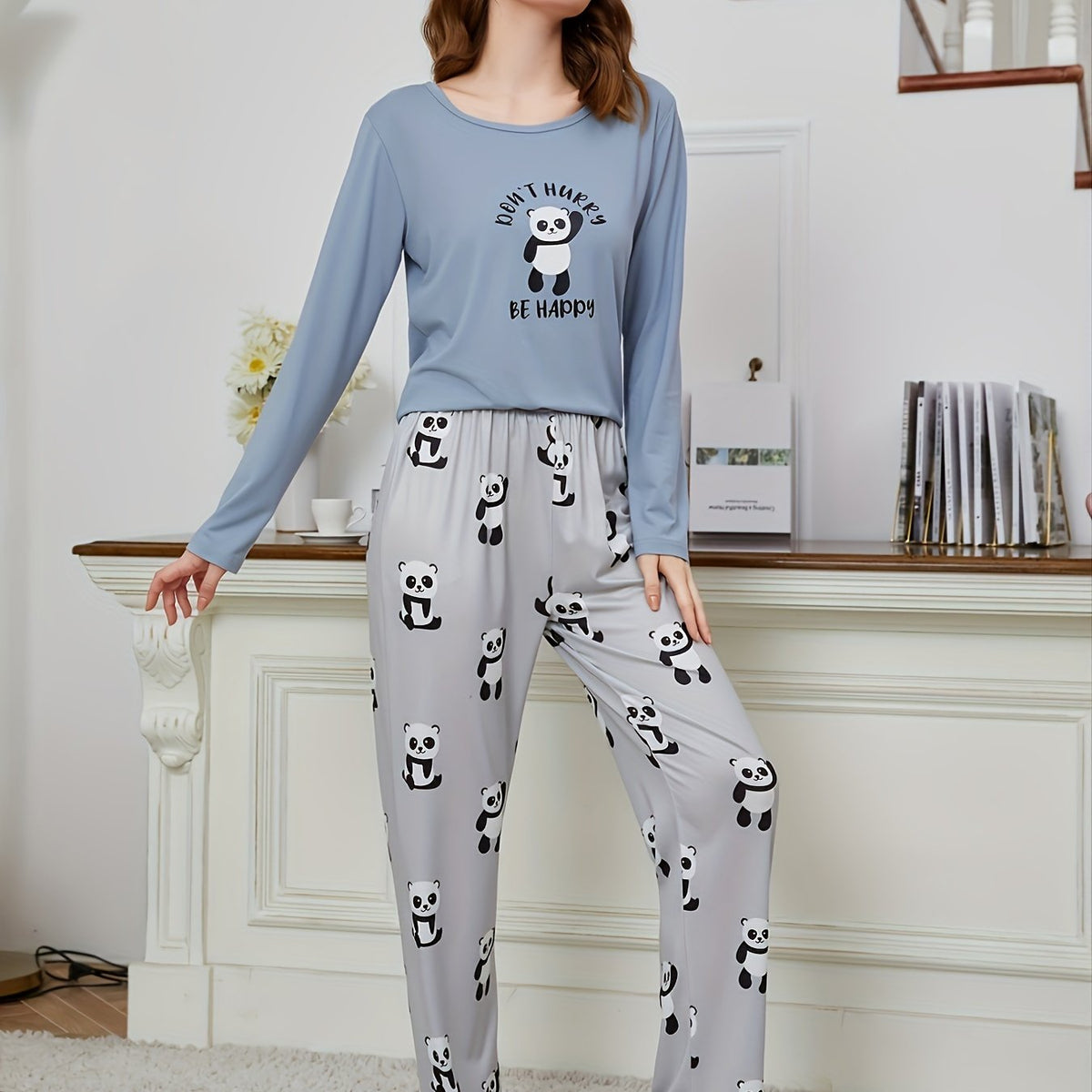 Panda Print Pajama Set Long Sleeve Crew Neck Top & Pants Women's Sleepwear