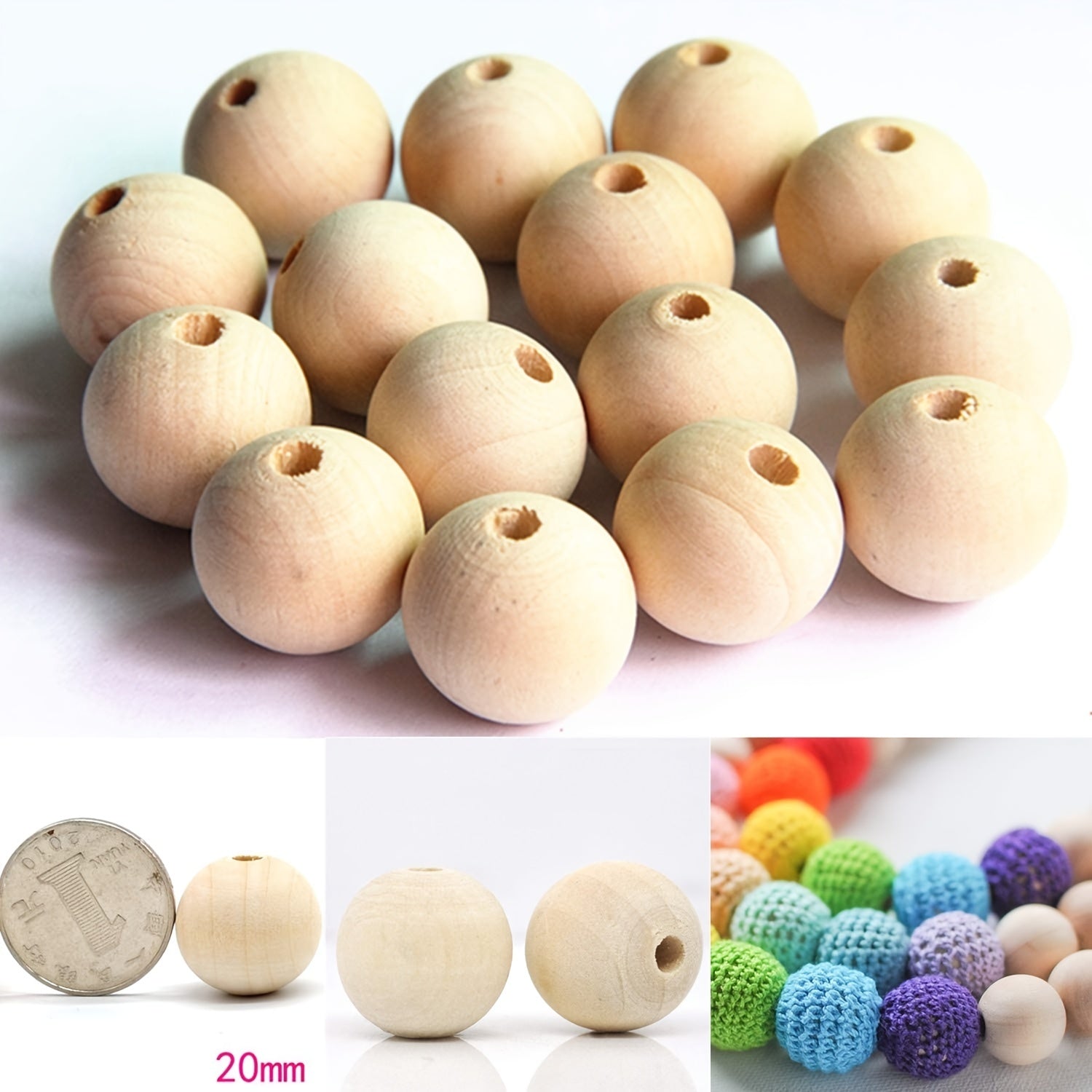 100pcs 20mm Round Wood Beads Unfinished Spacer Natural Craft DIY Art Supplies