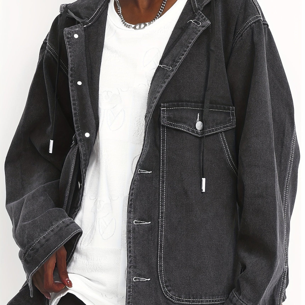  Solid Hooded Denim Jacket with Pockets