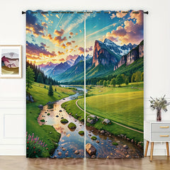 2pcs River Mountain Meadow View Curtain Window Curtain