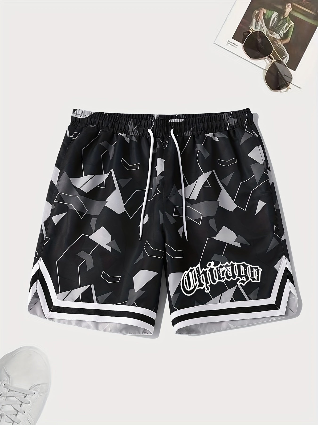 Chevron Print Drawstring Shorts Men's Casual Waist Gym Workout Training