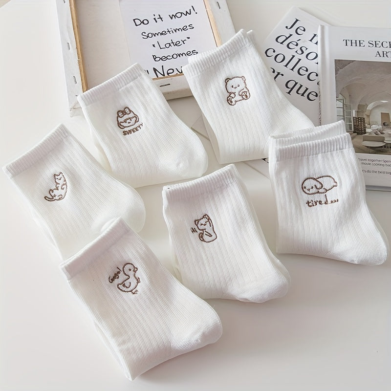 6 Pairs Cartoon Embroidery Mid Tube Socks Women's Stockings