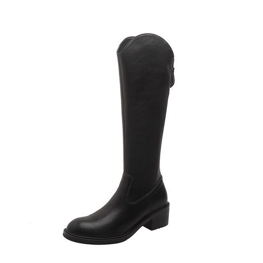 Women's Knee High Block Heel Boots - Faux Leather Booties