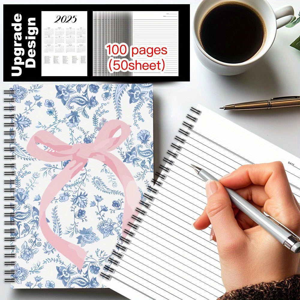 Pink Bow Tie Spiral Notebook Floral 100 Pages Perfect Gift