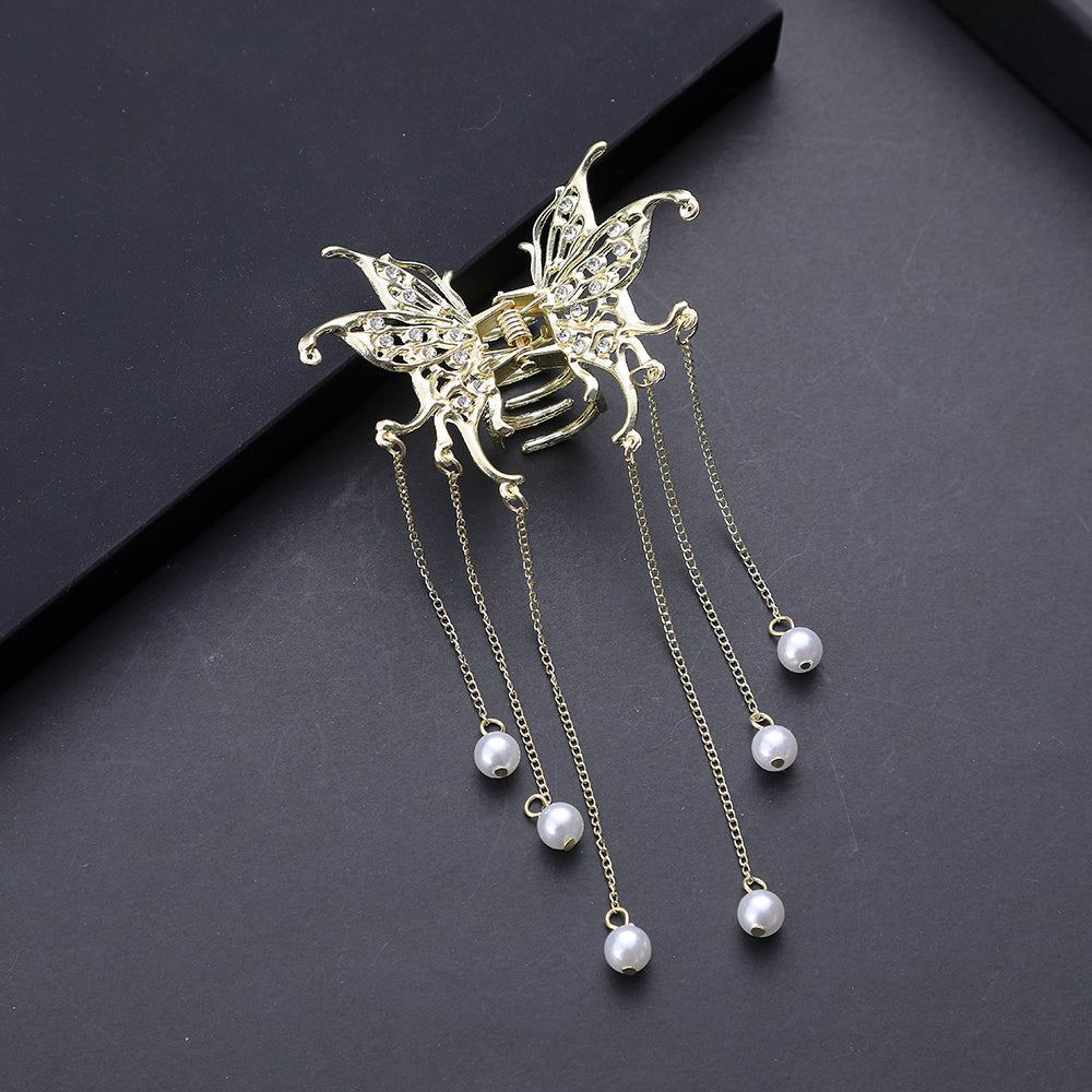 Butterfly Tassel Hair Claw Clips Faux Pearl Rhinestone Metal