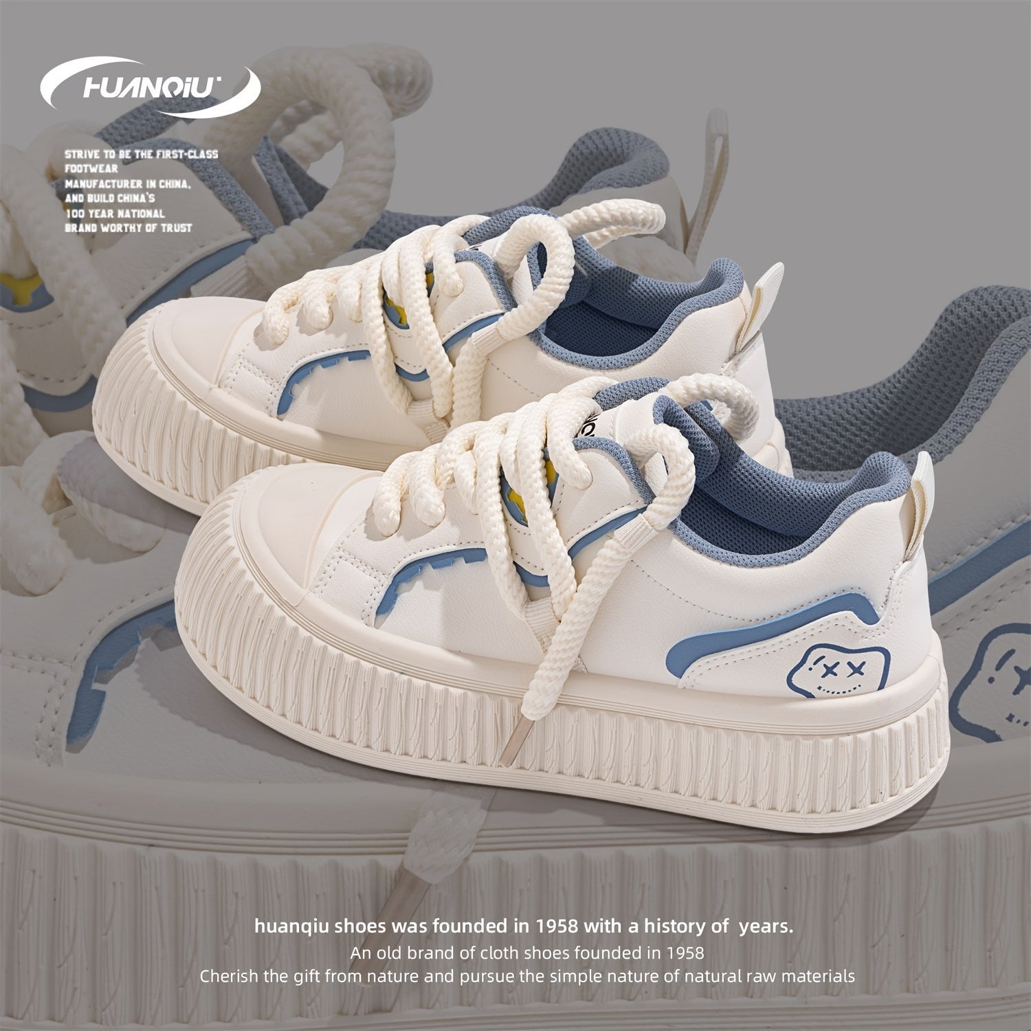 HUANQIU Smiling Face Lace-up Skate Shoes Retro Lightweight Flatform Sneakers