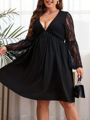  Solid Lace Bell Sleeve V Neck Pleated Dress