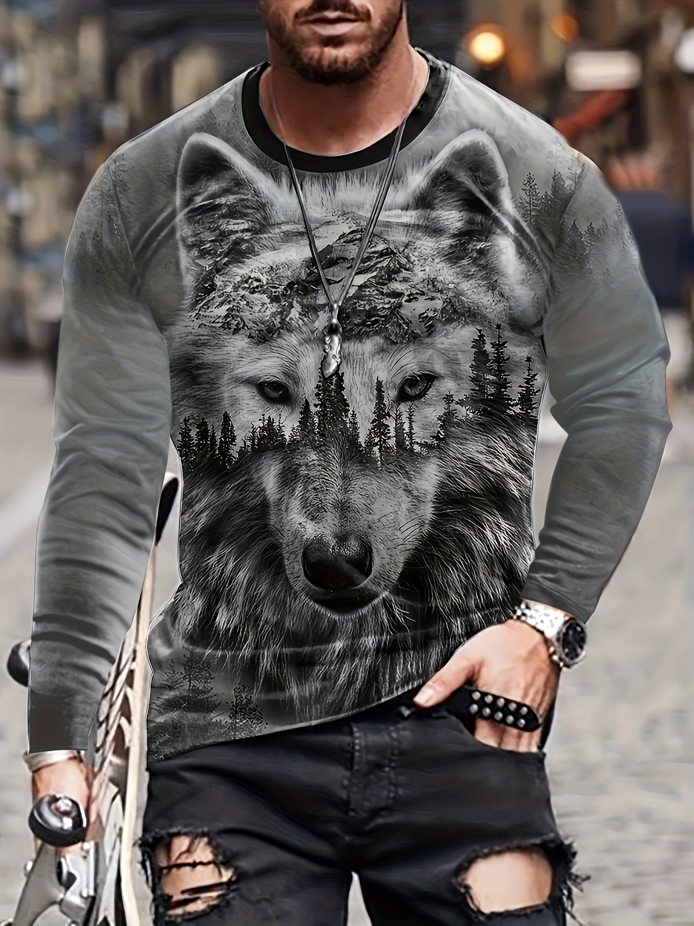 Wolf 3D Print Hoodie for Men Drawstring Hooded Pullover