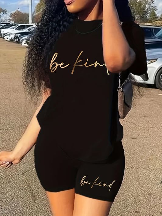  Two Piece Set Women's Plus Letter Print Tee & Shorts Outfit