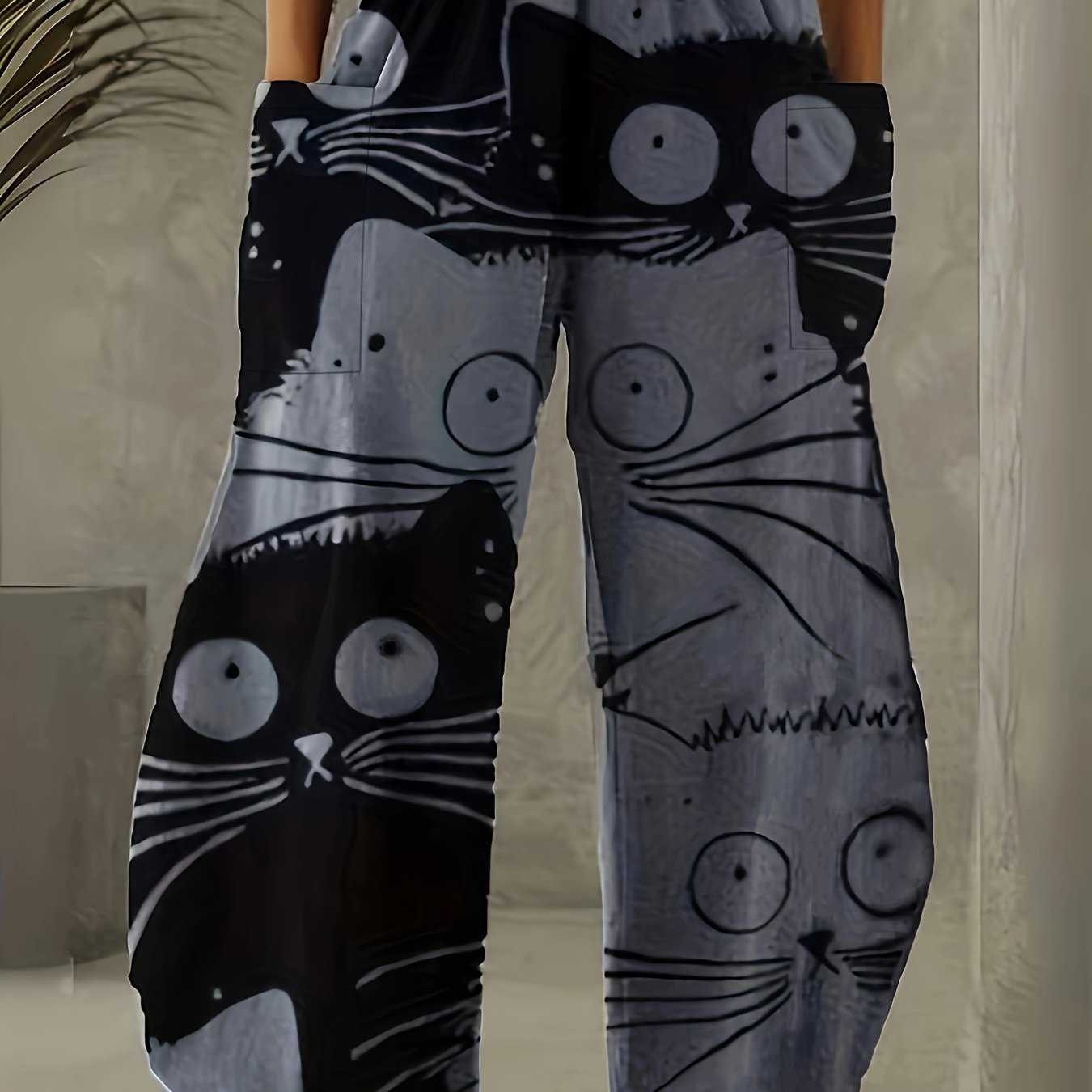  Funny Cat Print Wide Leg Pants with Pockets
