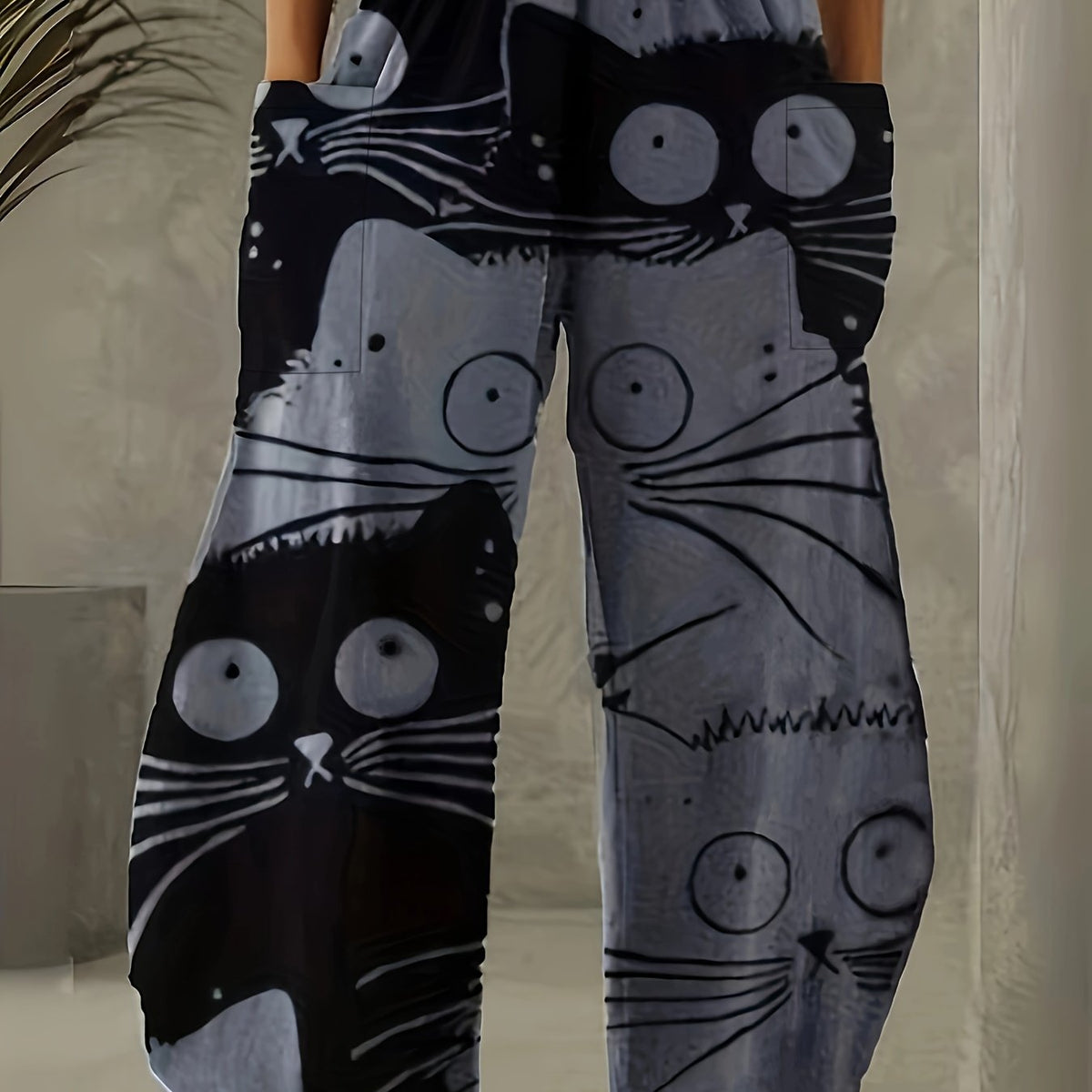  Funny Cat Print Wide Leg Pants with Pockets