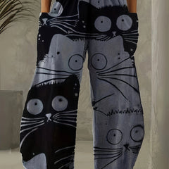  Funny Cat Print Wide Leg Pants with Pockets