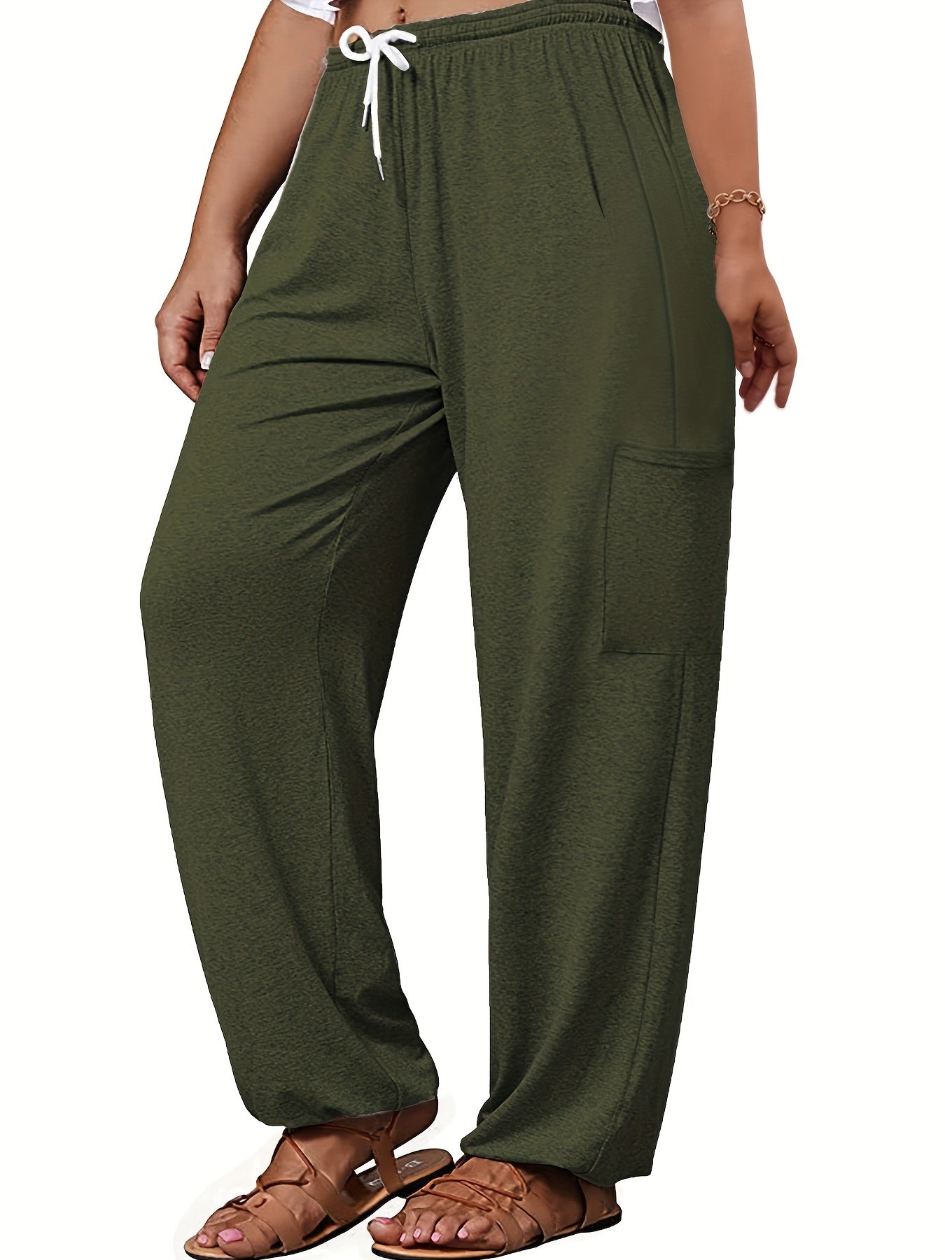  Casual Pants Solid Elastic Drawstring Medium Stretch Pants