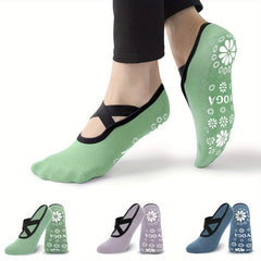 3 Pairs Criss Cross Yoga Socks w/ Flower Pattern Bottom Non Slip Pilates Dance