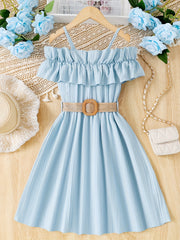 Girls' Preppy Ruffle Neck Strappy Tunic Dress For Party