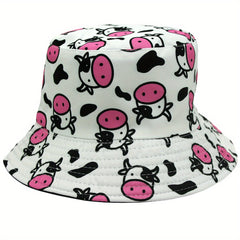 Versatile Sunshade Bucket Hat Cow Cartoon Print Unisex Daily Shopping