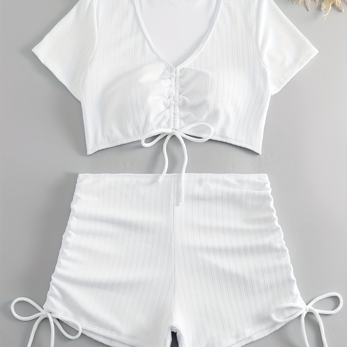  Casual Swimsuit Set Solid Ruched V Neck Crop Top