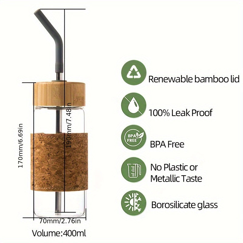 400ml Reusable Glass Water Cup with Straw and Cork Sleeve