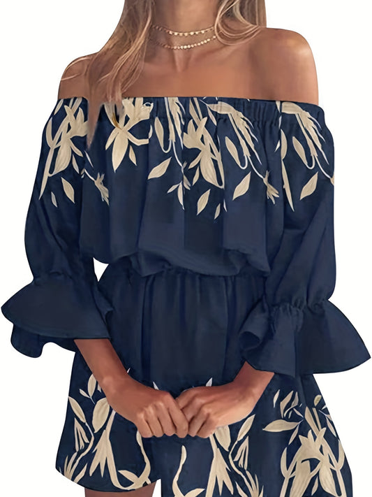 Boho Leaf Off Shoulder Dress Sexy Ruffle Sleeve Dress