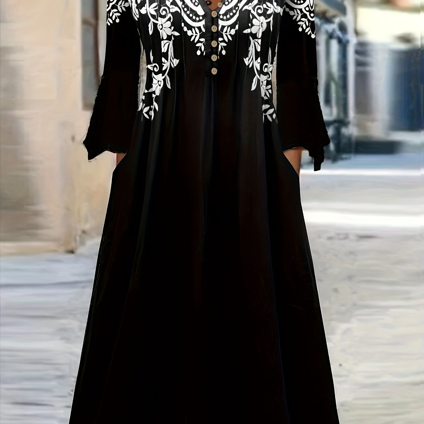  Floral Print Button Up Bell Sleeve V Neck Midi Dress