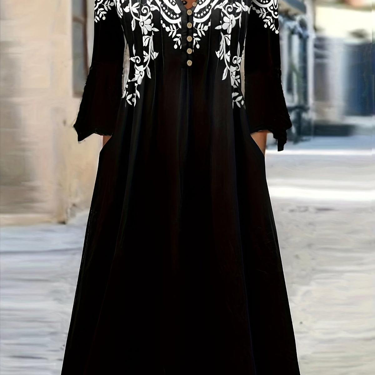  Floral Print Button Up Bell Sleeve V Neck Midi Dress