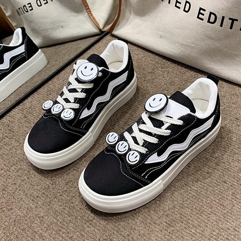 Women's Smile Decor Canvas Shoes Lace Up Low Top Sneakers