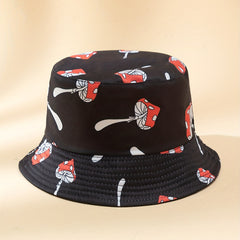 Red Mushroom Print Bucket Hat Reversible Hip Hop Basin Hat